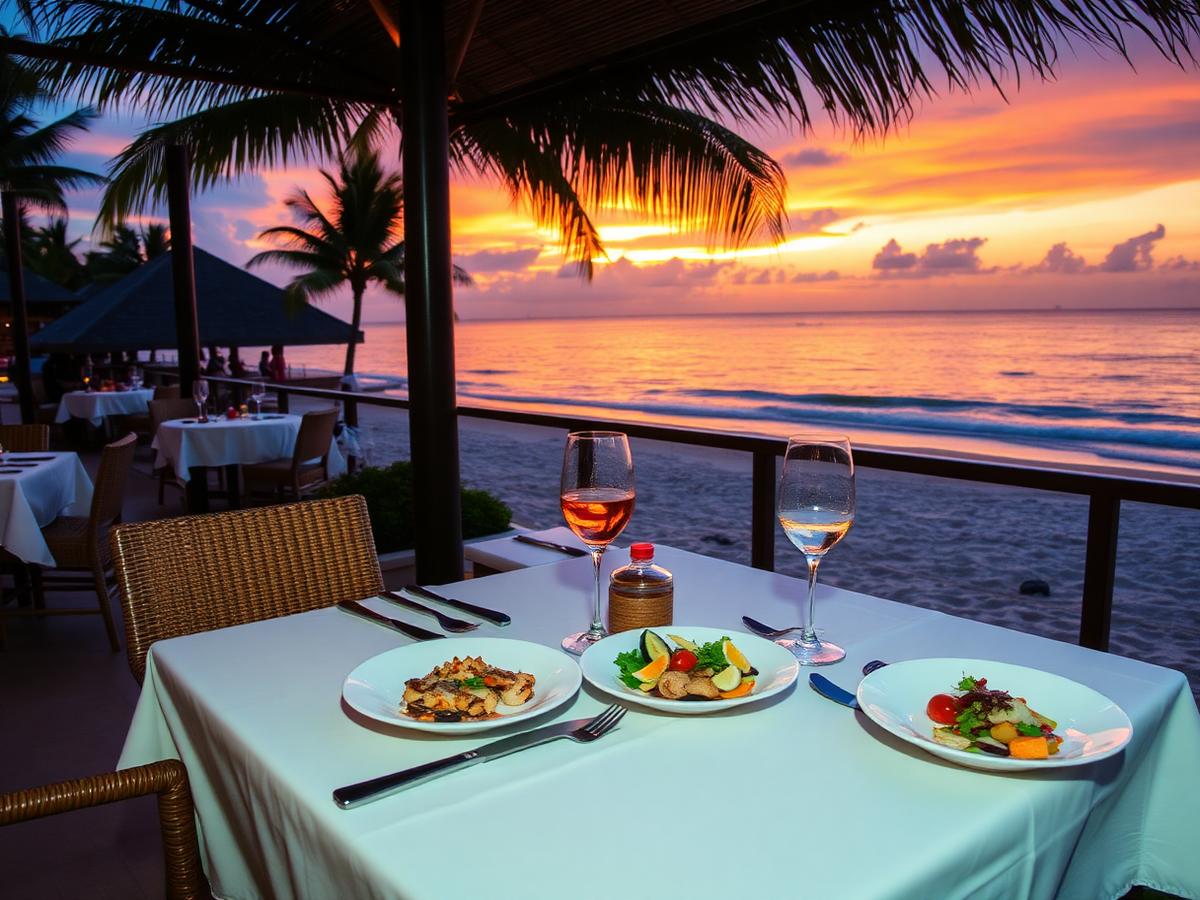 Restaurante à beira-mar ao pôr do sol